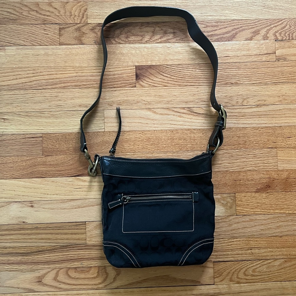 Vintage Coach Canvas and Leather Crossbody, Leather Buckle Strap, Black